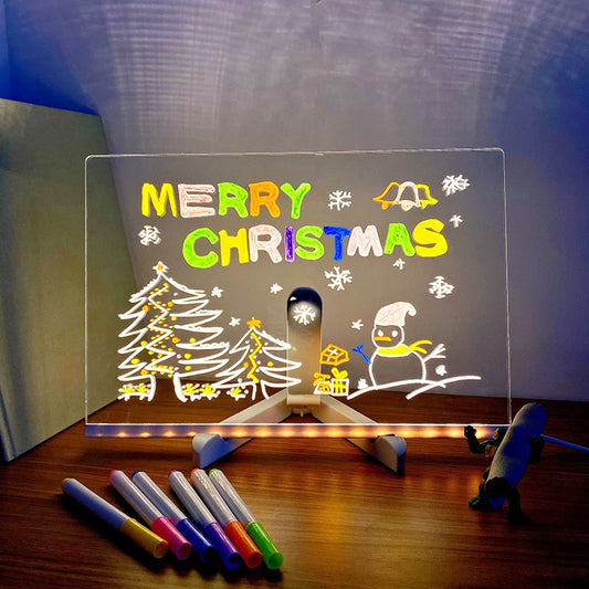 LED Acrylic Drawing Board for Kids – Glow Erasable Writing & Doodle Board with Stand, Reusable Memo Board, DIY Creative Toy, 7 Color Marker Pens