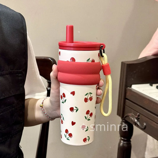 Cute Cat Bow Insulated Water Bottle with Straw – 710ml Stainless Steel Thermal Tumbler with Ceramic Lining, Travel Mug for Tea, Coffee & Cold Drinks