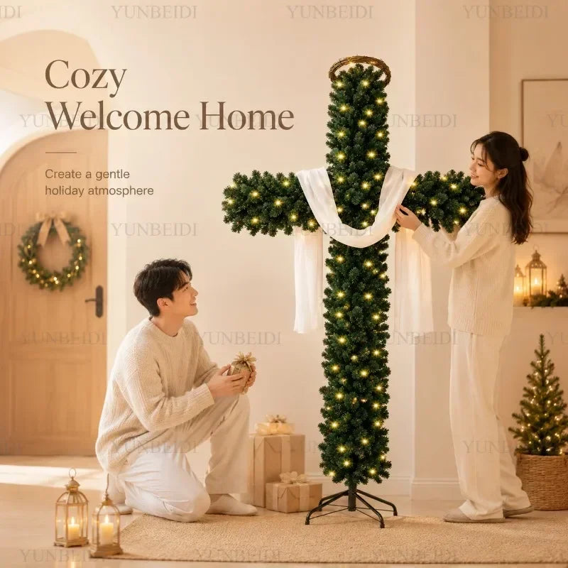 Cross-Shaped Artificial Christmas Tree with Metal Stand, 150 or 180 cm Green PVC Religious Holiday Decoration with Optional USB Lights