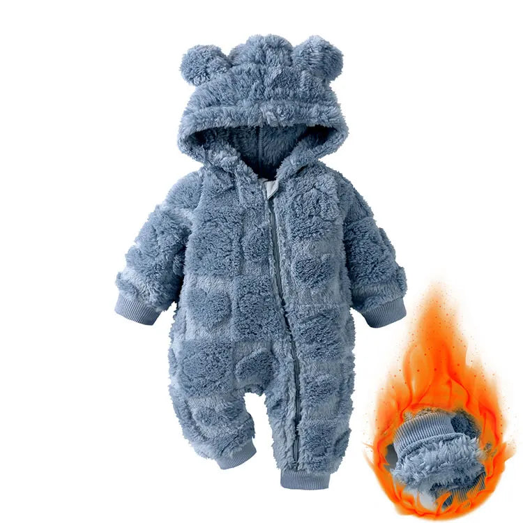 Cartoon Baby Hooded Romper – Long Sleeve Arctic Velvet Winter Outfit, Warm Newborn Clothing (0–18 Months)