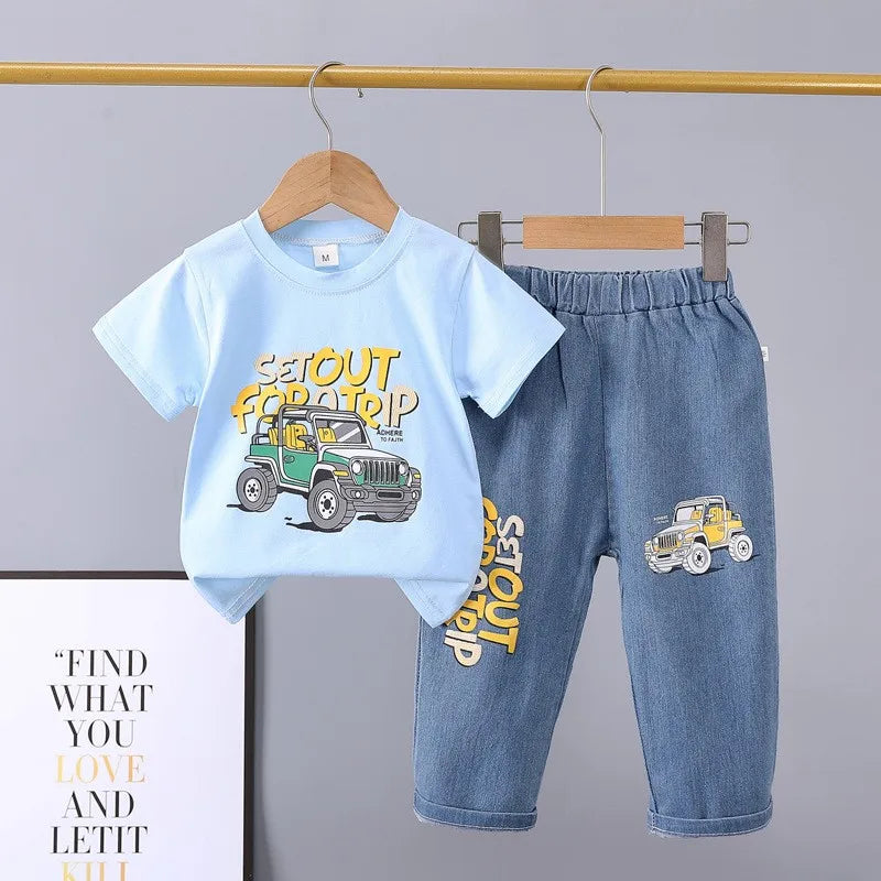 2025 New Summer Baby Boys Clothing Set Cotton Car Short Sleeve T-Shirt Pants 2Pcs Outfits for 1-4 Years Kids Children Tracksuits