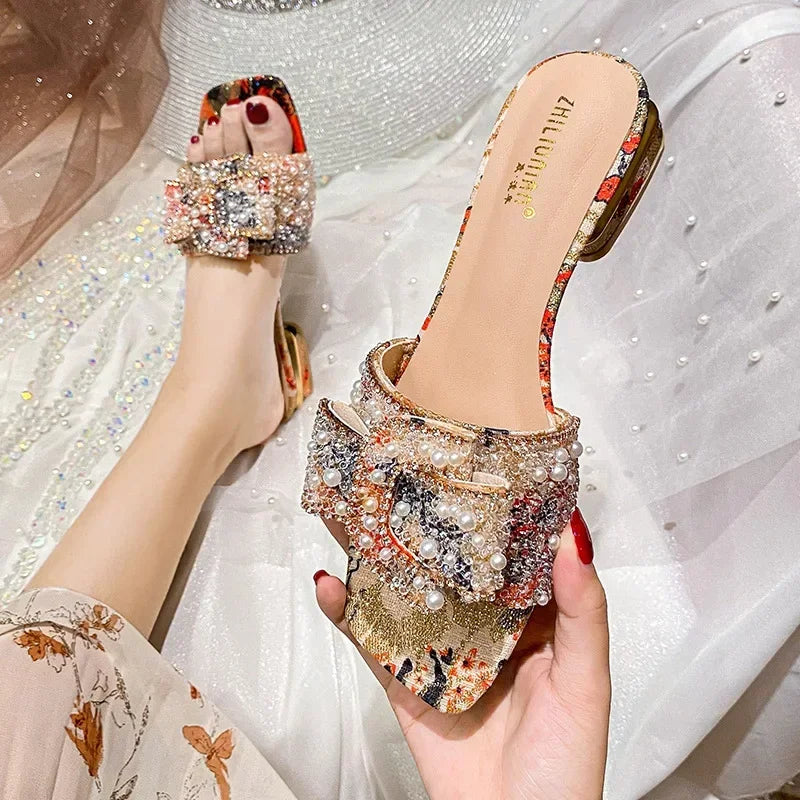 Women’s Slippers 2025 – Luxury Pearl Rhinestone Chunky Heel Sandals, Summer Butterfly-Knot Slip-On Shoes