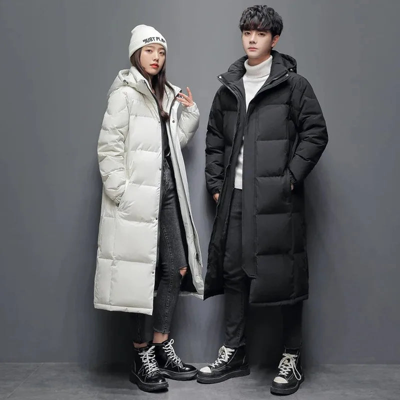 Winter Long White Down Jackets Men Women Hooded Thick Warm Over-the-Knee Puffer Jacket Man Overcoats Couple Padded Down Coat