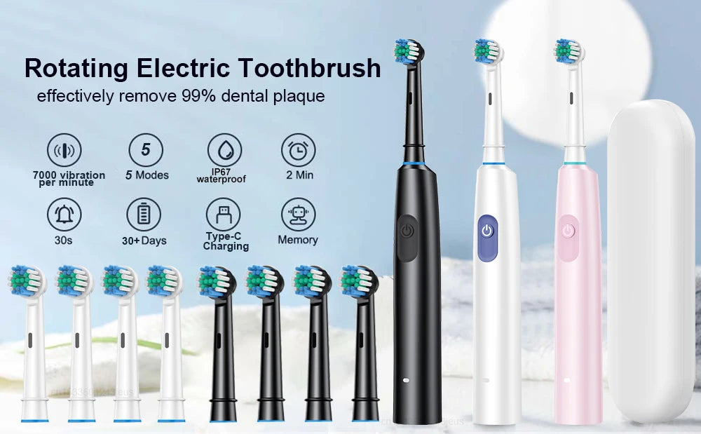 Rechargeable Rotating Electric Toothbrush for Adults, Deep Cleaning, 8 Soft Replacement Brush Heads Included