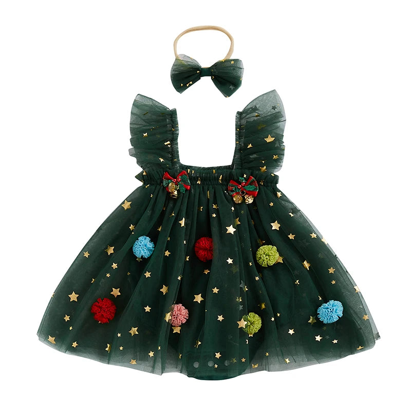 Infant Girl Christmas Romper – Princess Style Jumpsuit with Bells & Matching Headband