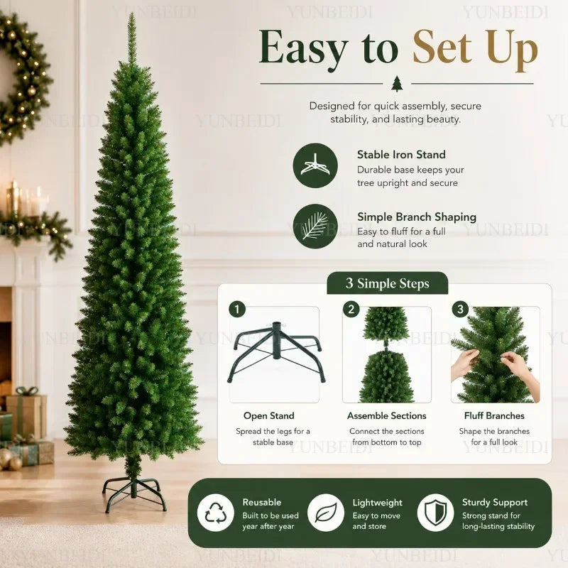 Slim Pencil Artificial Christmas Tree with Metal Stand, 120–210 cm Green PVC Tree with Optional Warm White USB Lights