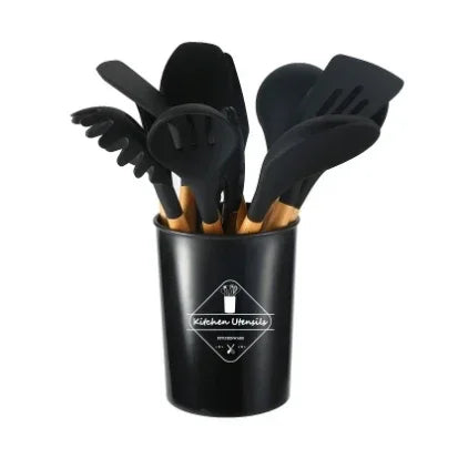 12-Piece Non-Stick Silicone Cooking Spoon Set with Wooden Handles – Heat-Resistant Kitchen Utensils with Storage Container | Ideal for Home & Professional Use