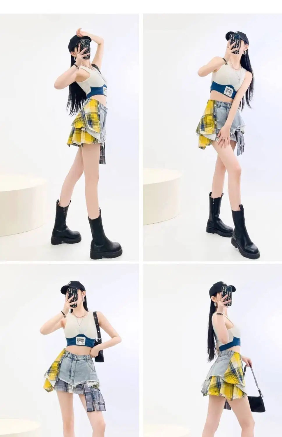 Vintage Plaid Denim Splicing Asymmetrical A-Line Mini Skirt