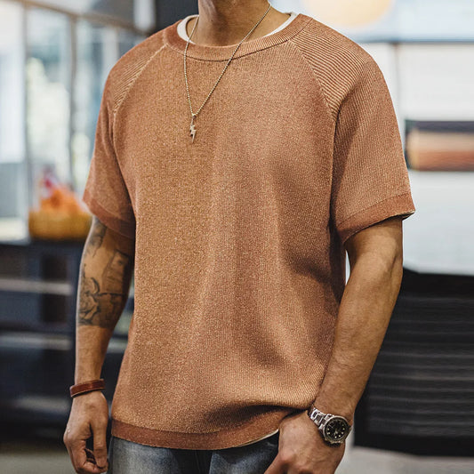 New Vintage Orange Knitted Short Sleeve T-Shirt for Men – Summer Loose Fit Ribbed Crew Neck Tee, Breathable Casual Streetwear