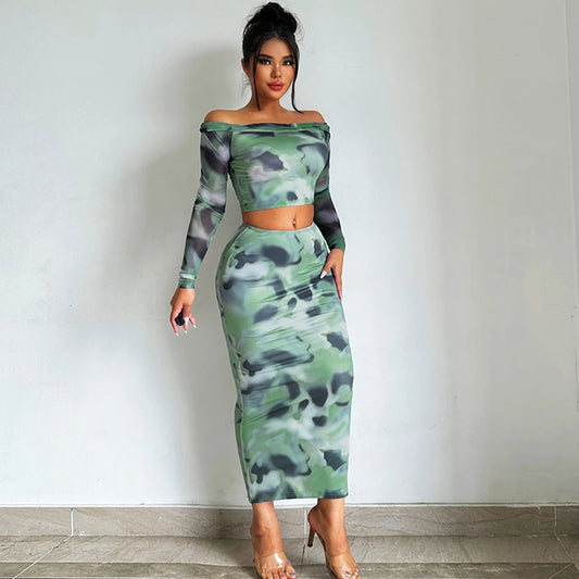 New Fashionable Long Sleeved One Neck T-shirt Slim Fit Waist Bag Skirt Set For Women