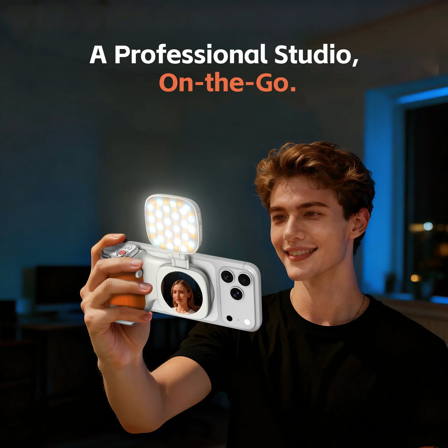 iPhone Camera Assistant with 1-Click Lens Flip Shutter Grip, Detachable Charging Remote, Optional Fill Light & Mirror for Smartphones