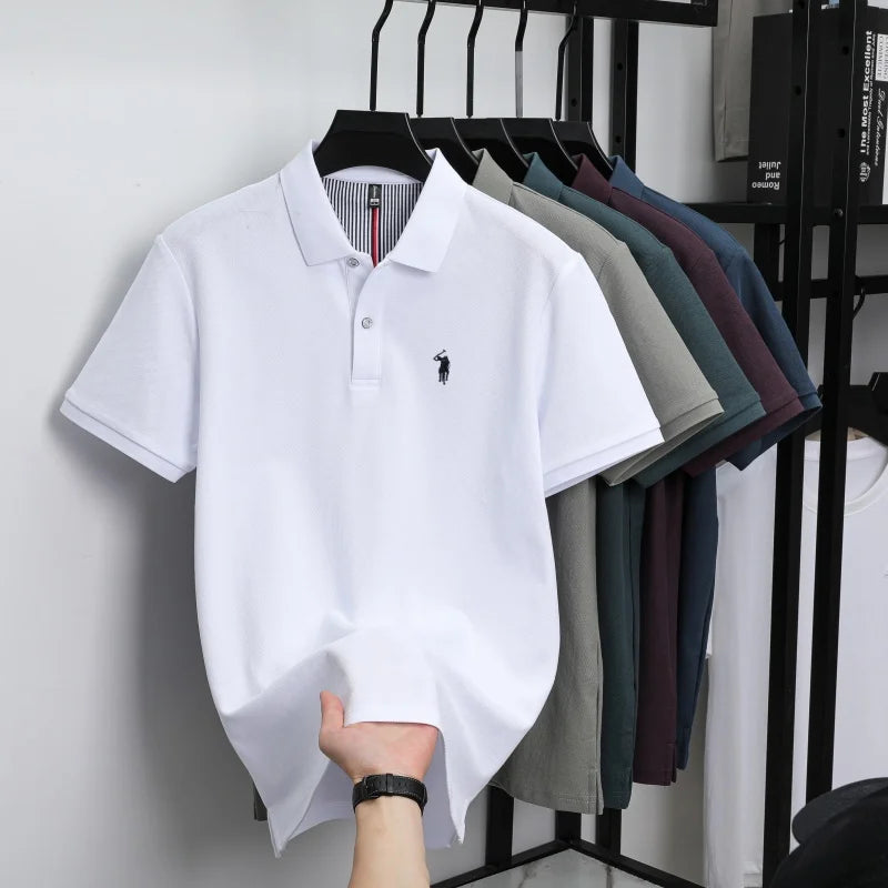Men’s 100% Pure Cotton Breathable Short Sleeve Polo Shirt – Luxury Embroidered, Loose Fit Casual & Summer Business Wear