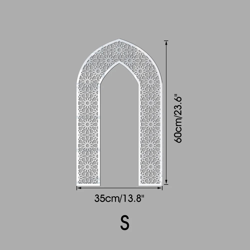 Islamic Arch Mirror Wall Sticker – Gold Acrylic 3D Mosque Frame Decal with Geometric Pattern for Ramadan & Eid Decor