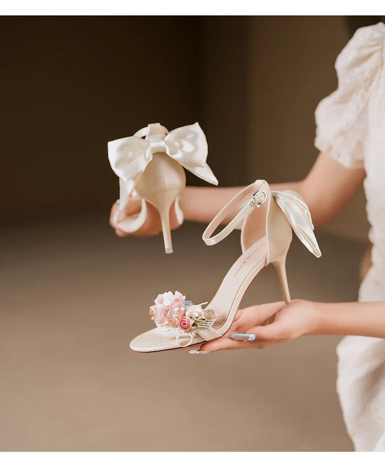 Women’s Open Toe High Heel Sandals – Satin Flower Bow, Buckle Strap, Elegant Dress & Wedding Shoes