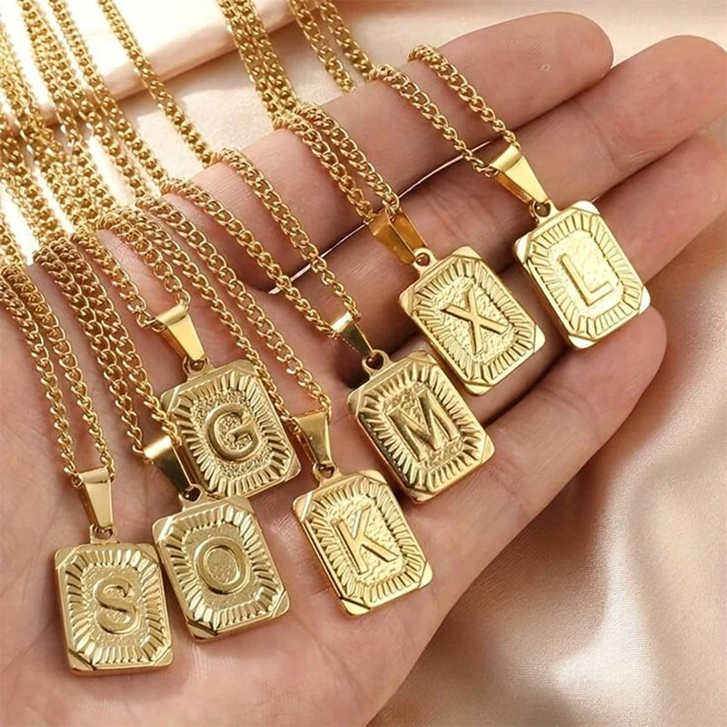 Initial Letter Pendant Necklace – Stainless Steel Cuban Link Chain, Square Charm Alphabet Necklace for Men & Women, Couple Gift Jewelry
