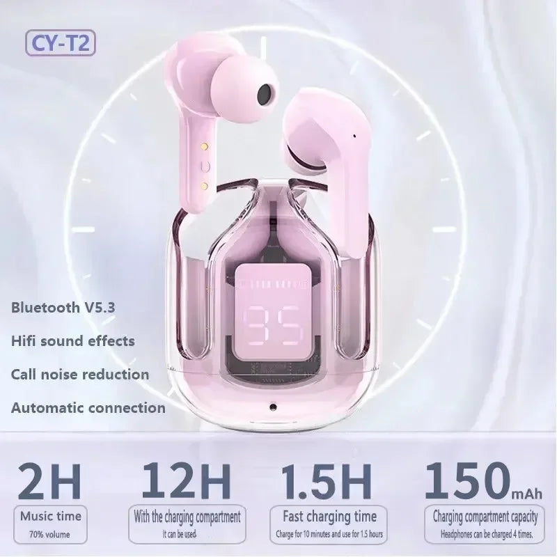 T2 Bluetooth 5.0 Wireless Earbuds, HiFi Stereo Sound, Transparent Case, LED Power Display Headphones