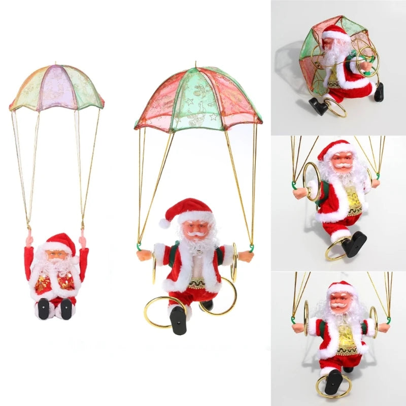 Battery-Operated Musical Santa Claus Parachute Ornament with Animated Flipping Motion, Hanging Indoor Christmas Decoration