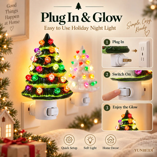 Christmas Tree Plug-In Night Light with Multicolor Decorative Lights and On/Off Switch, Green or White Resin Holiday Decor