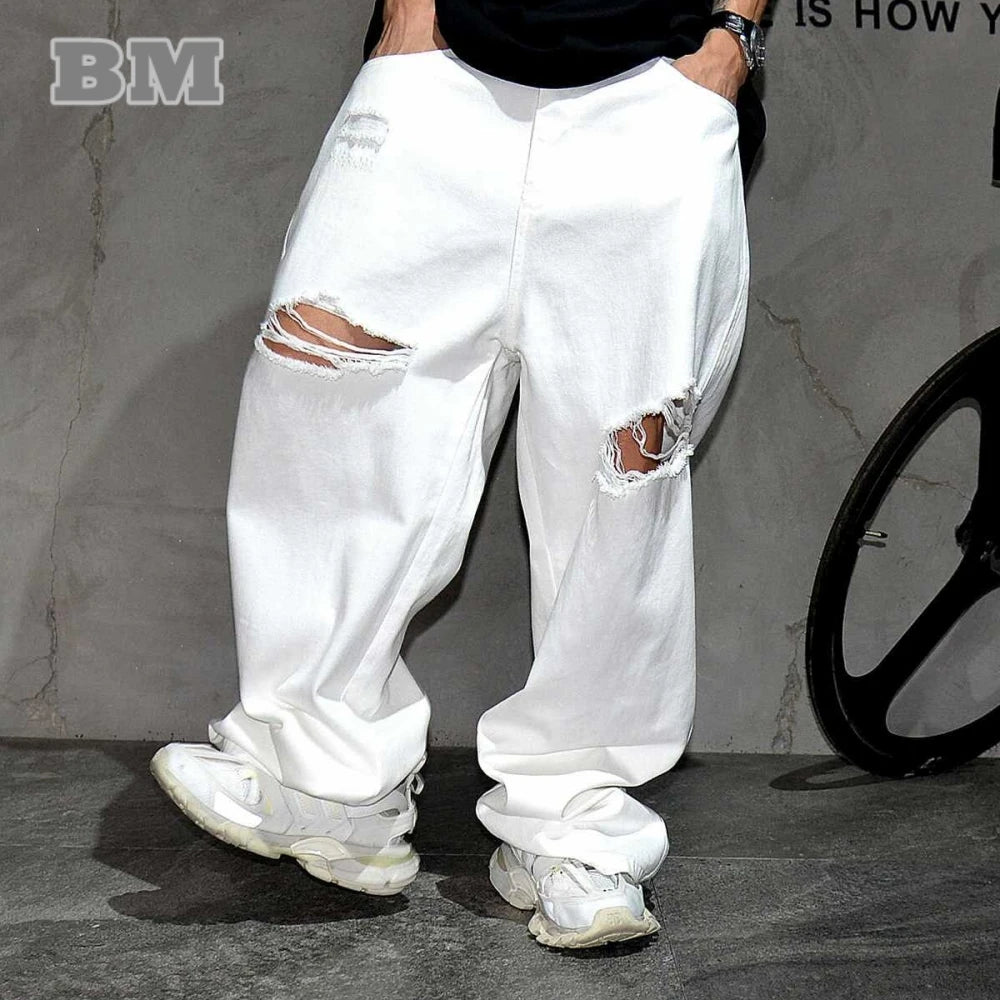 High-Quality White Ripped Baggy Jeans for Men – Streetwear Hip Hop Skateboard Trousers, Street Dance Denim Pants