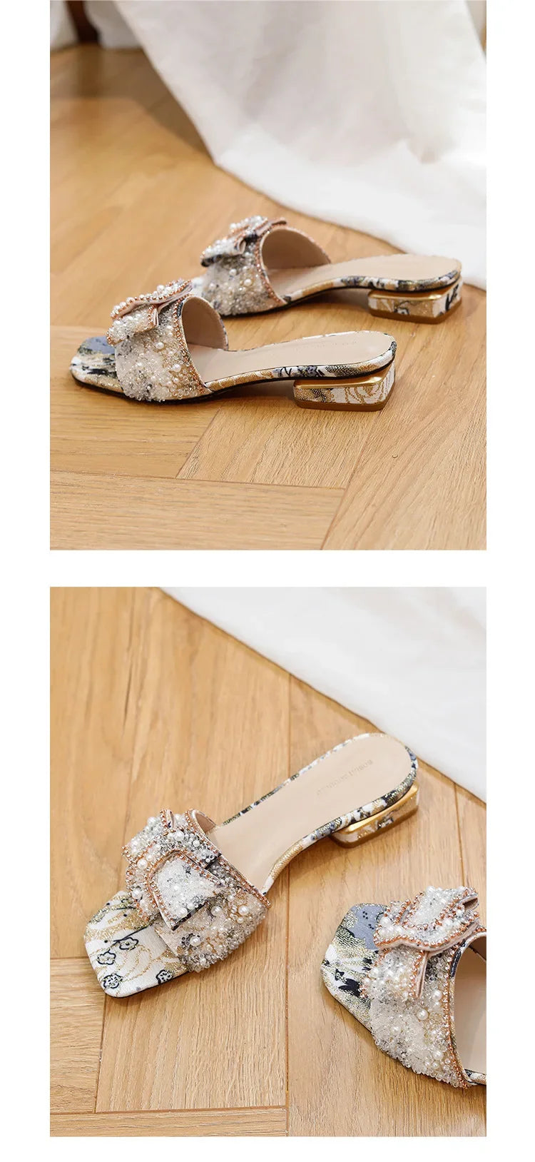 Women’s Slippers 2025 – Luxury Pearl Rhinestone Chunky Heel Sandals, Summer Butterfly-Knot Slip-On Shoes