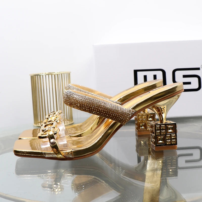 Women’s Transparent Strap Heeled Sandals – Chic Box-Style Square Alien Heel with Metal Accent | Summer Fashion Slippers