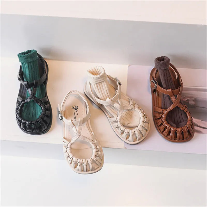 2025 New Summer Children Sandals Leather Cut-out Kids Sandals Soft Sole Non-slip Beach Shoes Fashion Girls Sandals 26-37