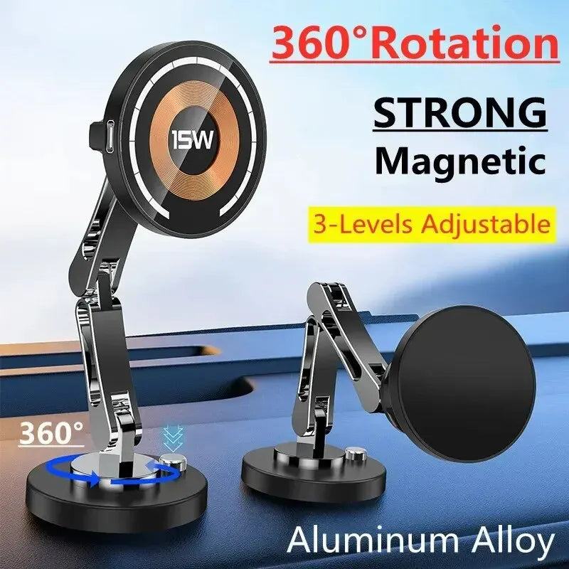 15W Magnetic Wireless Car Charger Mount – Strong MagSafe Phone Holder with 360° Rotation & Fast Charging for iPhone 15/14/13/12