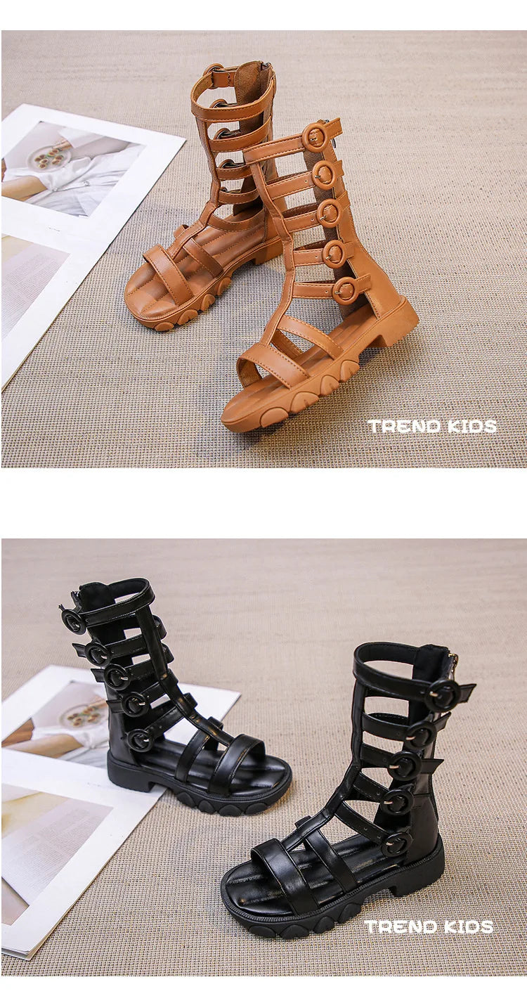 Girls' High-Top Roman Sandals – Soft Sole Summer Shoes for Children | Cut-Out Design, Buckle & Zipper | Princess Beach Sandals
