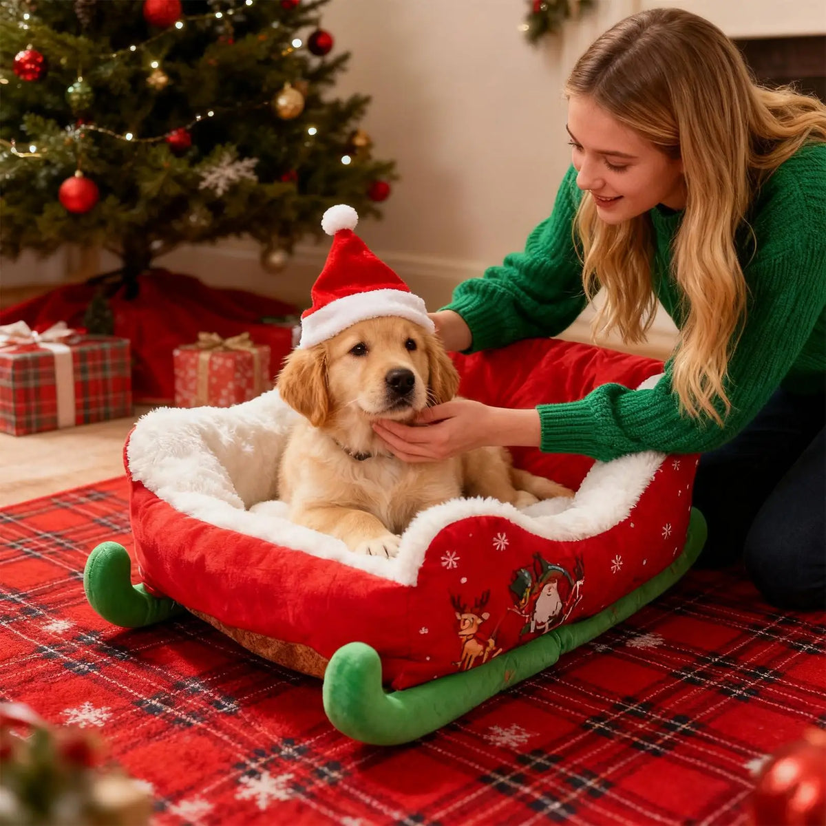 Christmas Sleigh-Shaped Cat and Dog Bed with Soft Plush Lining and Raised Sides, Festive Indoor Pet Sleeping Nest