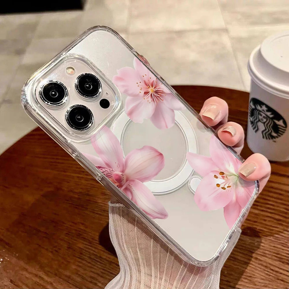 Pink Lily Cherry Blossom Magnetic Clear Phone Case for iPhone