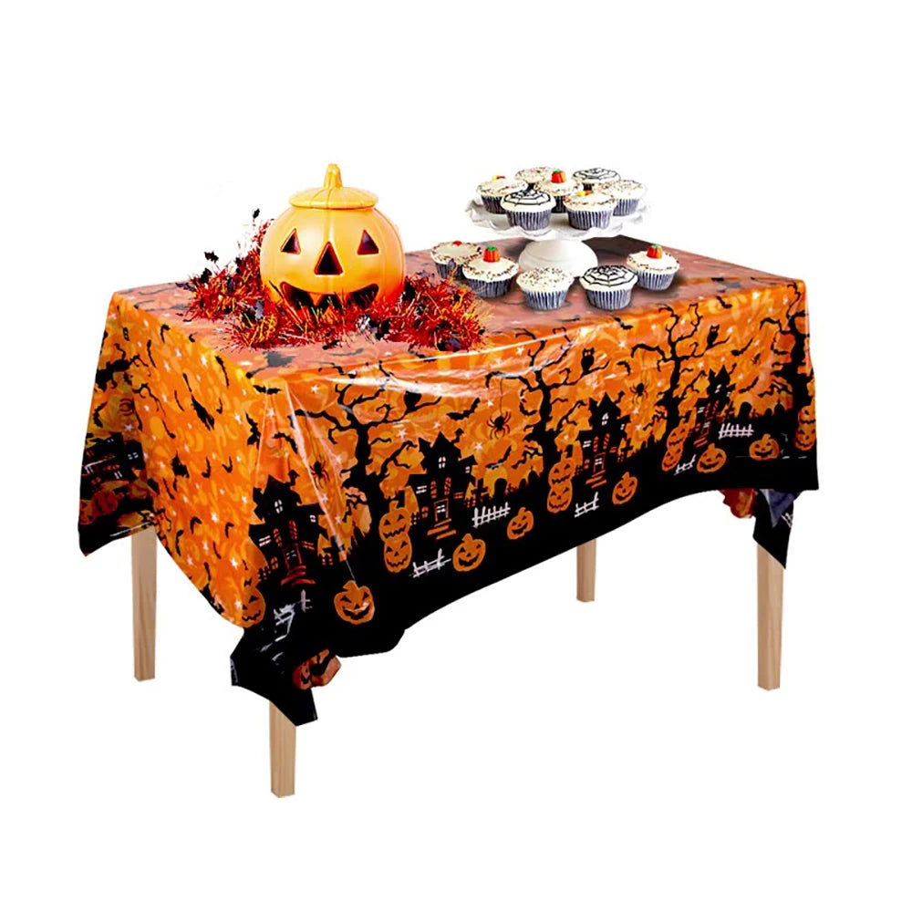Halloween Disposable Tablecloth – Pumpkin, Spider Web & Bat Design – Plastic Table Cover for Halloween Party & Home Decor