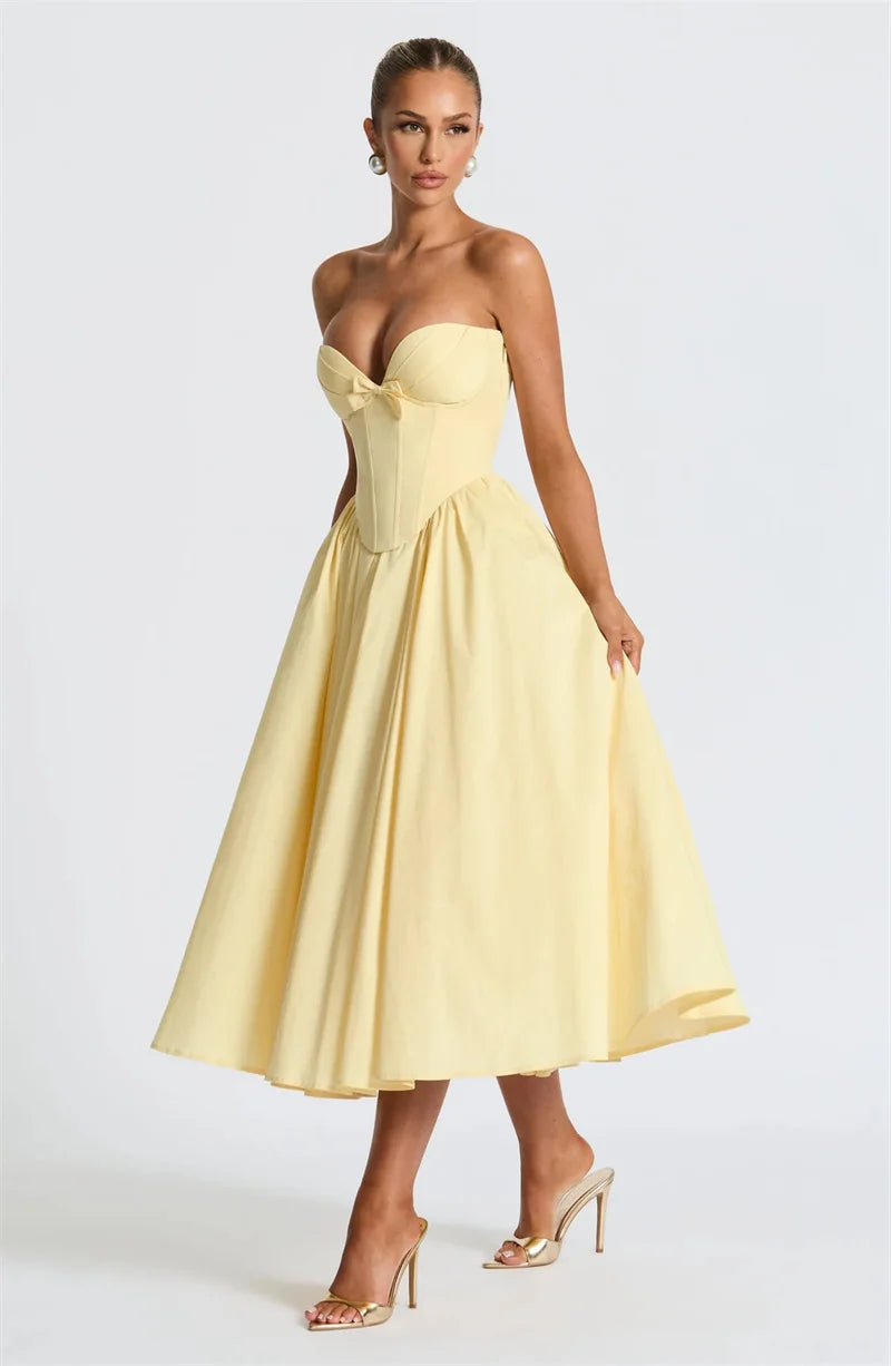 Elegant Off-Shoulder Strapless Midi Dress for Women – Sleeveless, Backless, A-Line Party Dress with Bow Detail