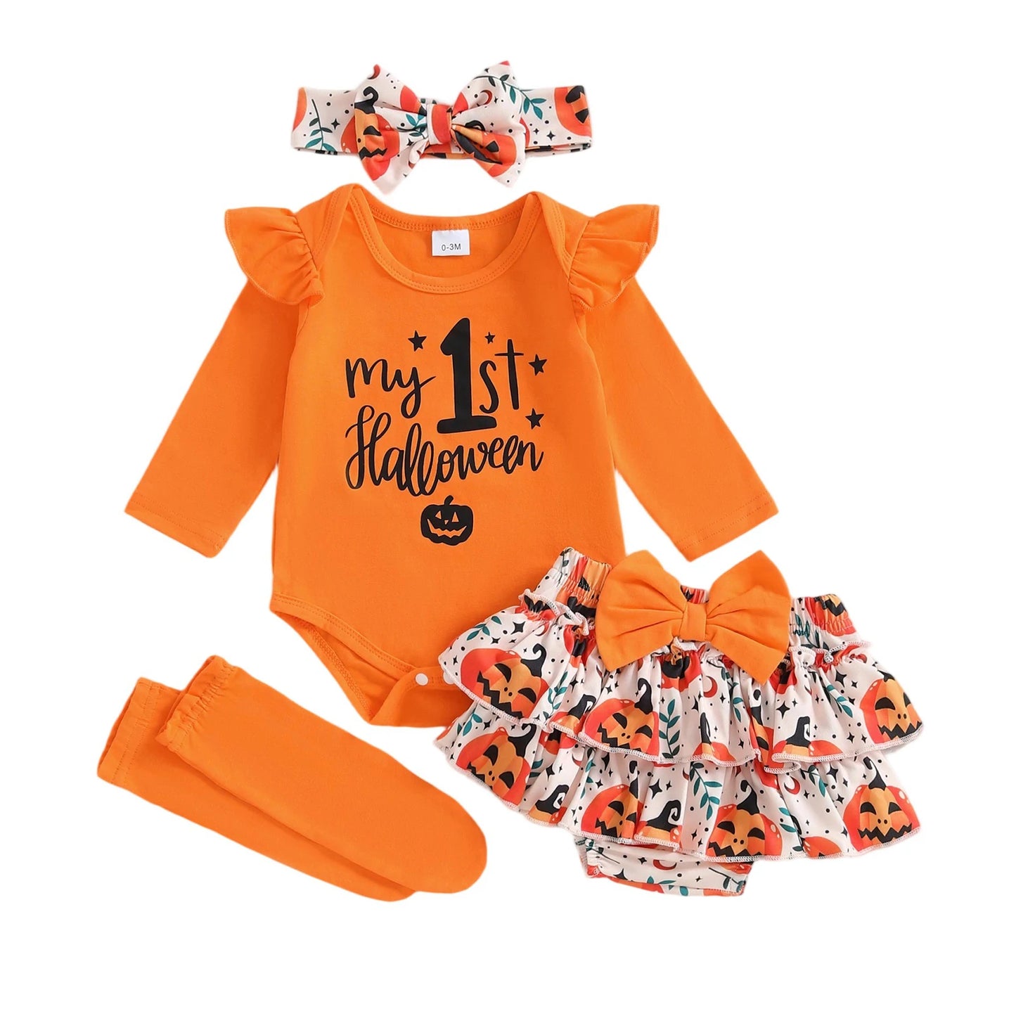 Baby Girls Halloween Outfit – Long Sleeve Romper, Ruffle Shorts, Headband & Socks Set