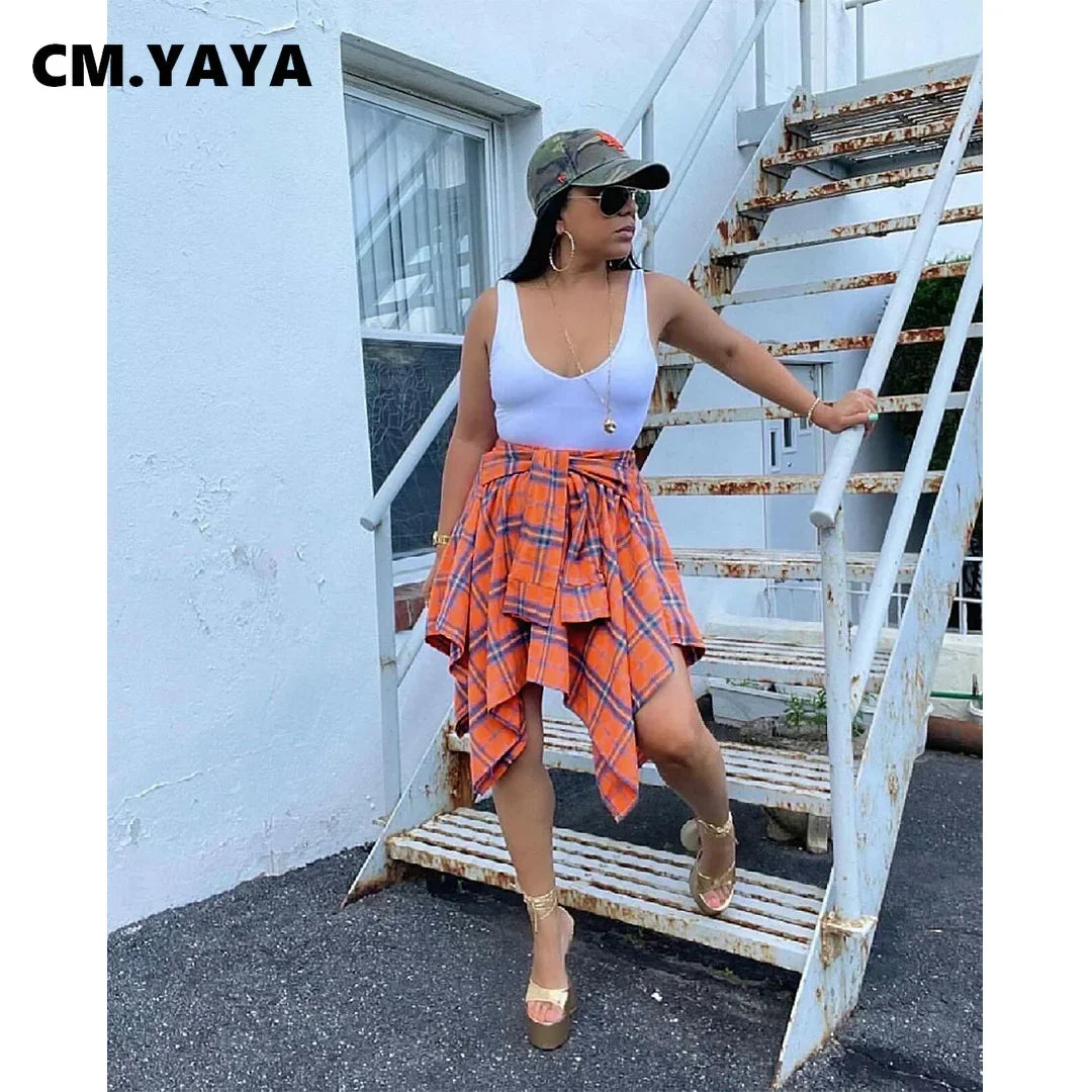 Women Plaid Irregular High Waist Knee-Length Skirt