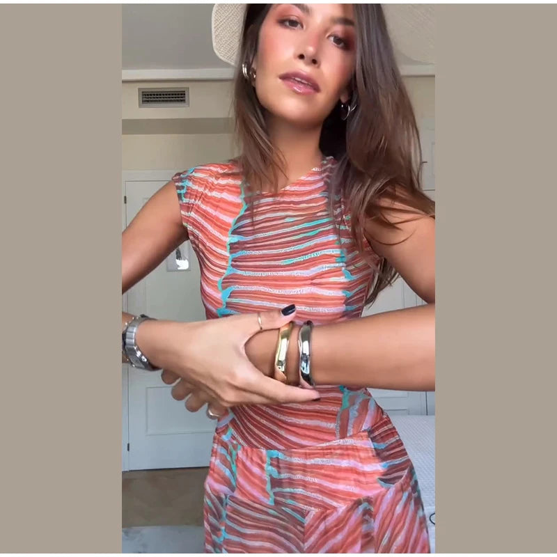 Chic Women's Printed Skirt Outfit – Sleeveless O-Neck Bodysuit with High-Waist Skirt