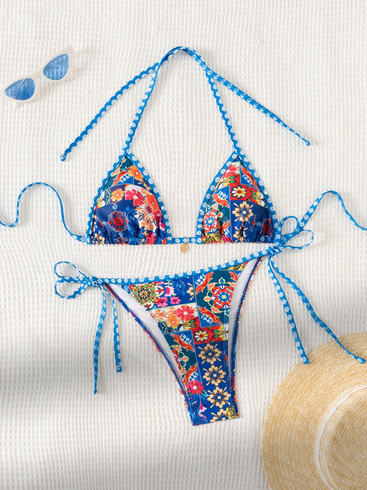 Women’s Blue Floral Print 2-Piece Bikini Set – Push-Up Bra and Thong Swimsuit for Beach and Swimwear