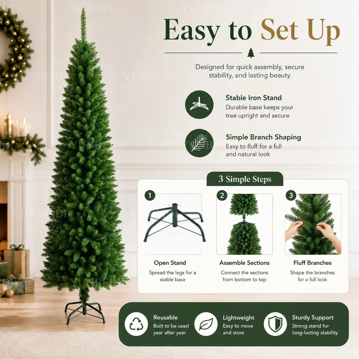 Slim Pencil Artificial Christmas Tree with Metal Stand, 120–210 cm Green PVC Tree with Optional Warm White USB Lights