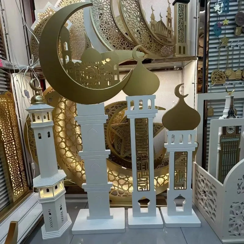 Wooden Hexagonal Mosque Decoration 85cm – White Ramadan Mubarak Hanging Ornament