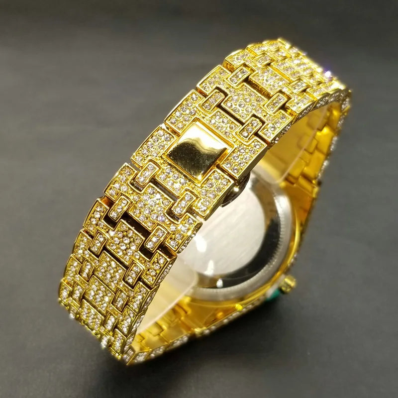 MISSFOX Luxury Diamond Iced Out Men's Quartz Watch, Arabic Numerals Waterproof
