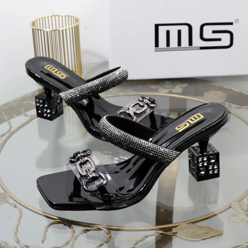 Women’s Transparent Strap Heeled Sandals – Chic Box-Style Square Alien Heel with Metal Accent | Summer Fashion Slippers