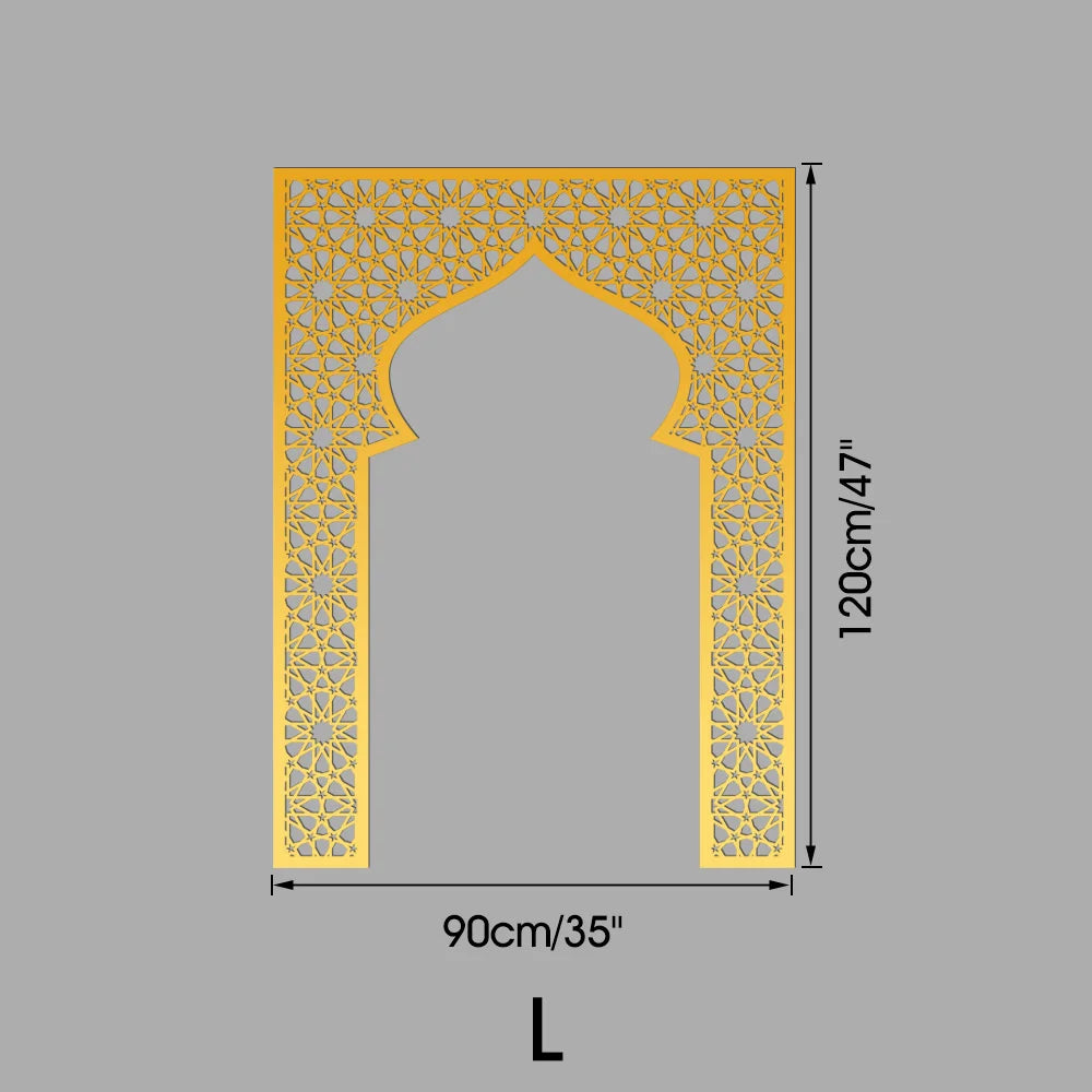 Islamic Arch Mirror Wall Sticker – Gold Acrylic 3D Mosque Frame Decal with Geometric Pattern for Ramadan & Eid Decor