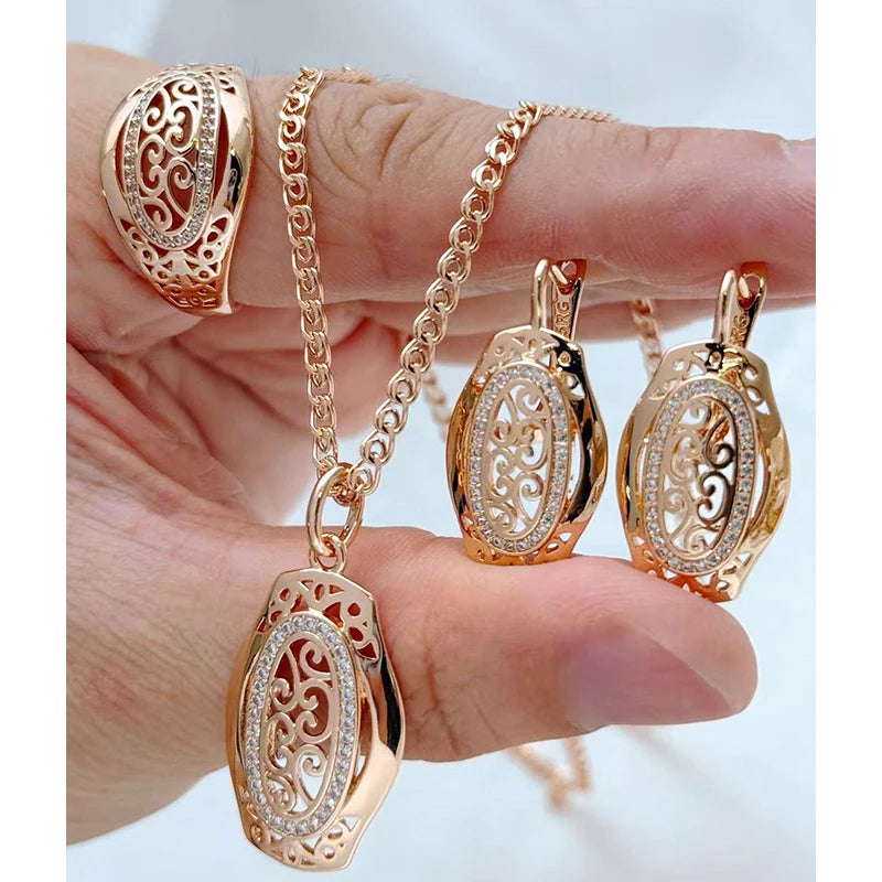 Rose Gold–Tone Jewelry Set with Zircon, Ring Earrings and Necklace Set