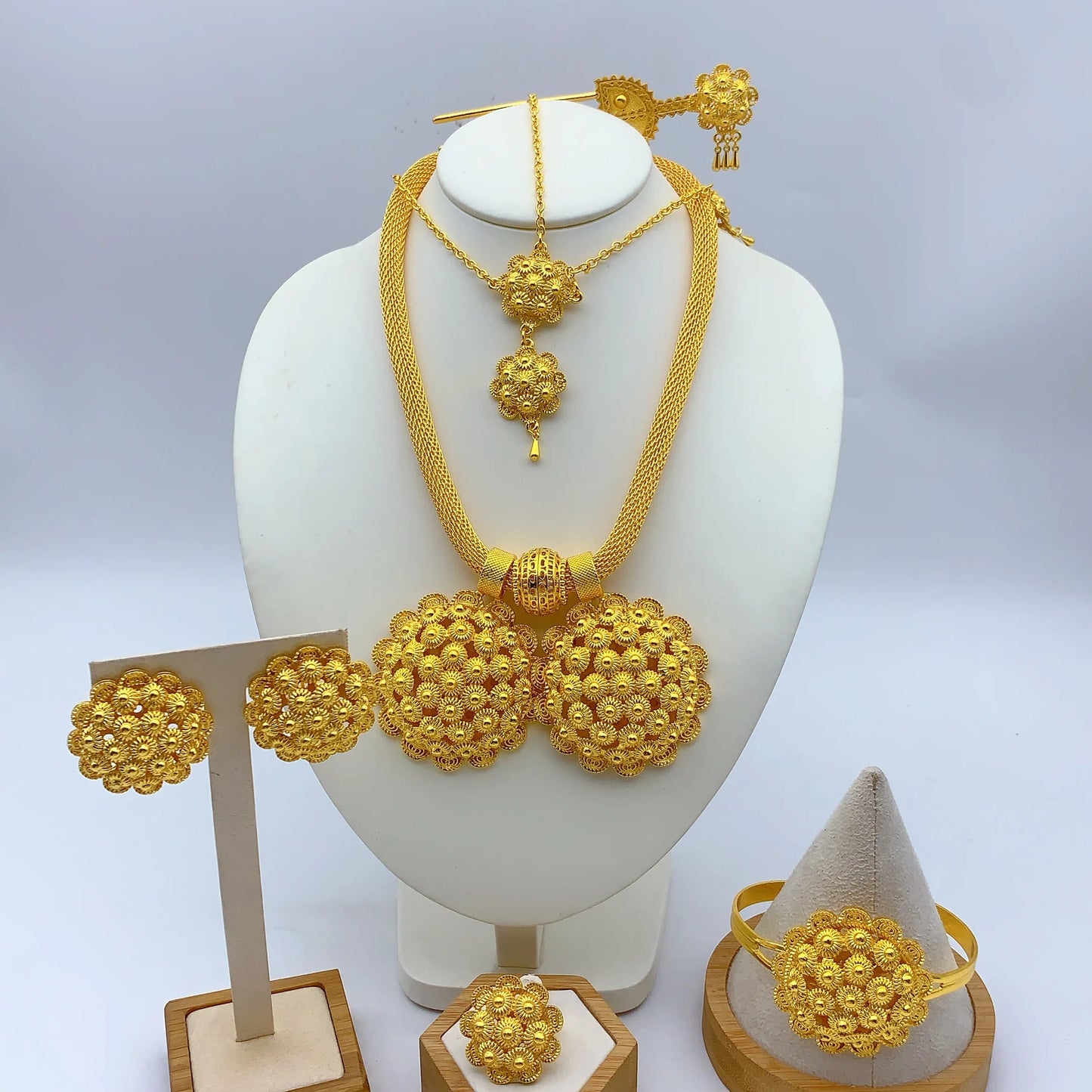 African Ethiopian Eritrean Habesha 24K Gold-Plated Flower Pendant 6-Piece Jewelry Set