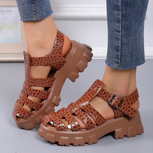 35-43 Fashion Summer Gladiator Women Narrow Band Cross-tied Platform Square Heel Peep Toe Rome Design  Mature Shoes Sandals