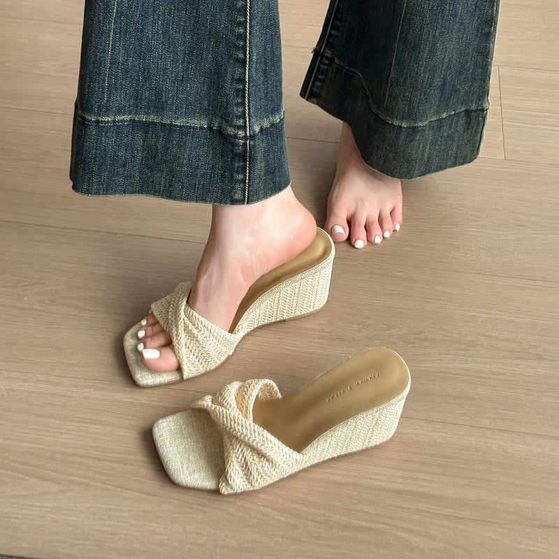 Women’s Designer Weave Wedge Slides – Open Toe Height Increase Summer Sandals, Fashion Outdoor Slip-On Dress Shoes