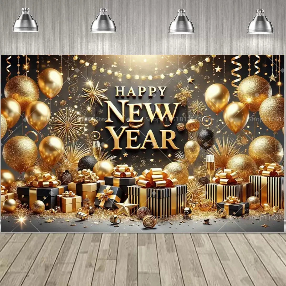 Black & Gold Happy New Year Party Decoration Banner – Festive Photo Backdrop for New Year & Holiday Celebrations