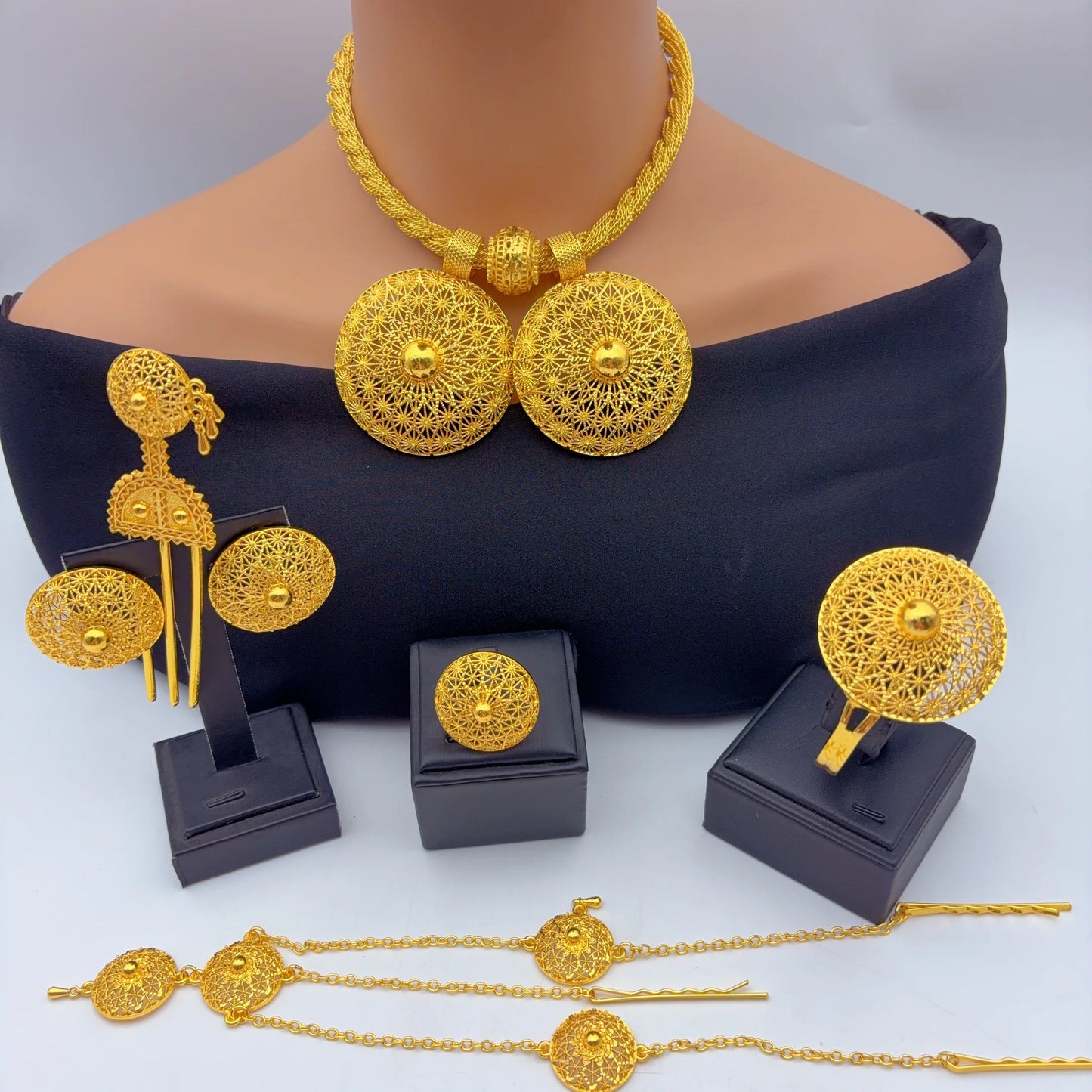 African Ethiopian Eritrean Habesha Dubai 24K Gold-Plated Flower Pendant 6-Piece Jewelry Set