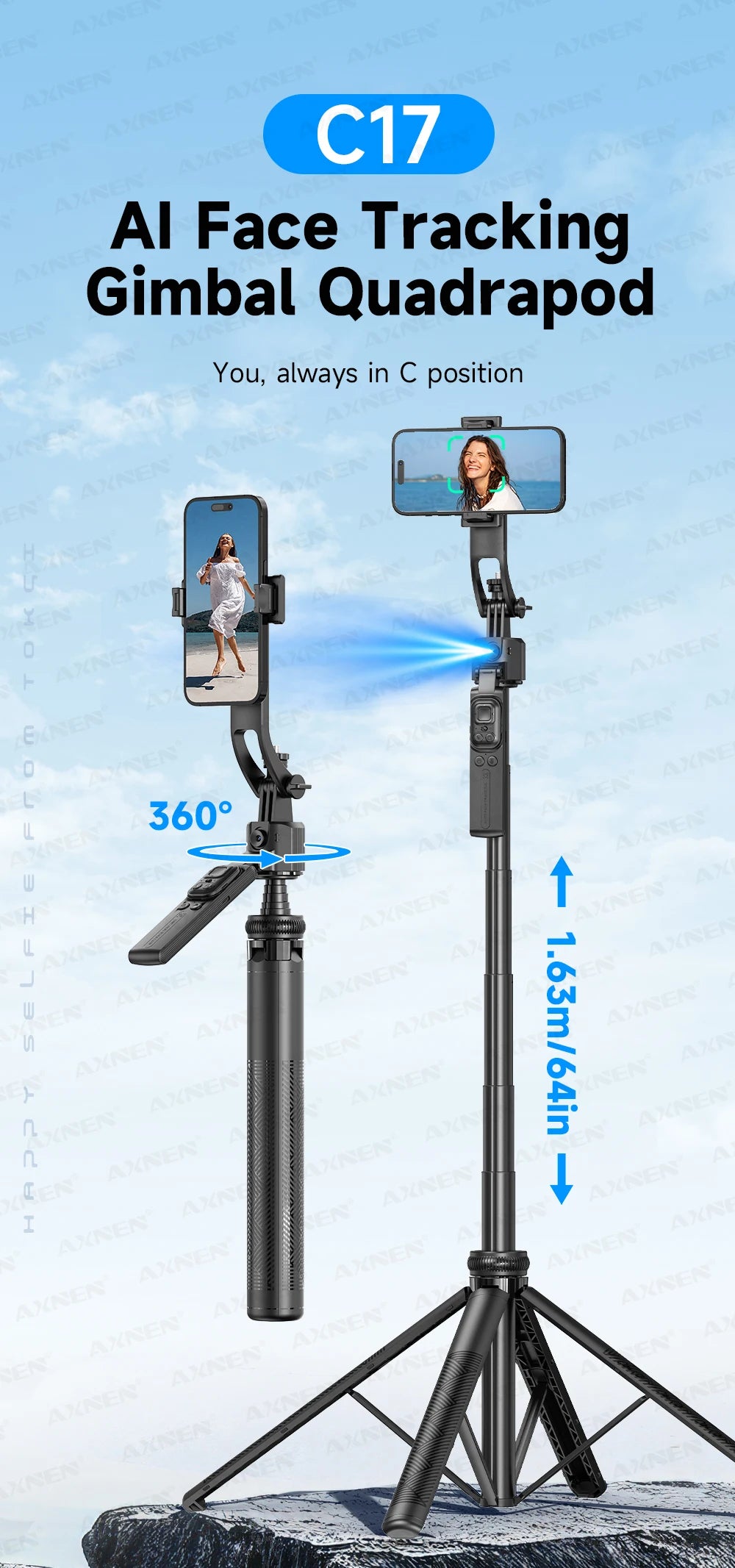 AI Face-Tracking Selfie Stick Tripod with Bluetooth Remote