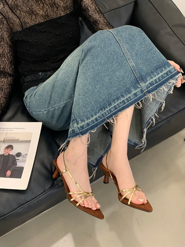 Women’s Summer Heeled Sandals – 2025 Fashion Pointed-Toe Open Design with Spaghetti Straps | Party & Dress Shoes