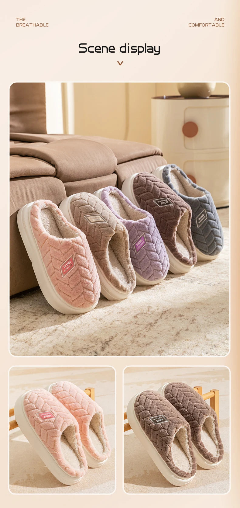 Women's Plush Cotton Slippers – Soft, Warm & Anti-Slip Indoor Footwear for Autumn & Winter